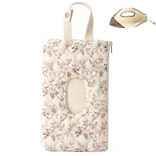 Portable Mommy Bag for Stroller, Refillable Floral Baby Wipe Holder Quilted Wipe Pouch with Lanyard for Casual Travel (Beige)