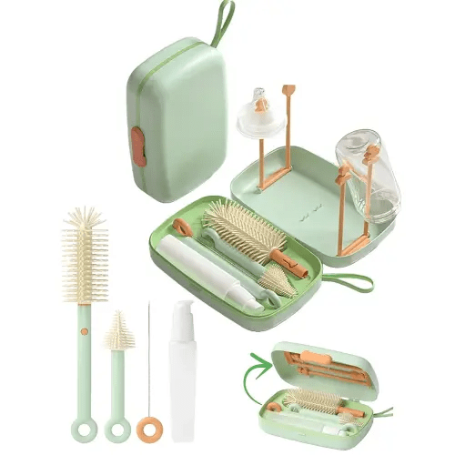 Travel Baby Bottle Cleaning Kit, 7in1 Extendable Silicone Travel Bottle Brush Set & Drying Rack, Nipple, Straw, & Breast Pump Portable Cleaning, wd Soap Dispenser & Organizer Case, Gift for Mom