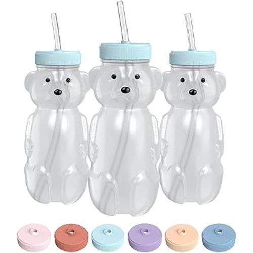 Honey Bear Straw Cup for Babies, 8-oz Honey Bear Cup with Lid, 3-Pack Therapy Learning Honeybear Straw, Baby Bottle Set, Blizzard AQUA