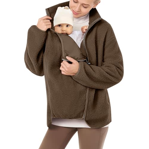 Women's Fleece Jacket with Baby Carrier Pocket, Warm Maternity Coat for Mom, Zip up 2-in-1 Baby Wearing Outerwear