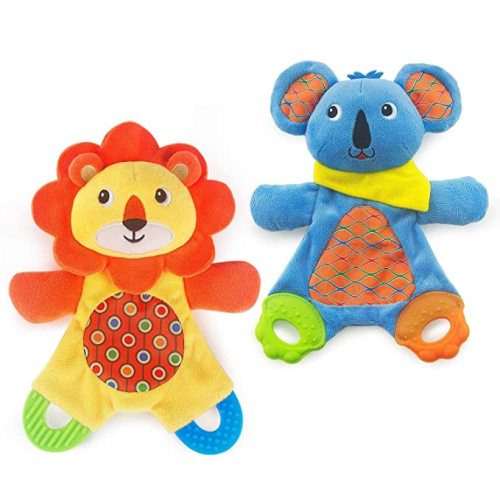 teytoy 2 Pcs Crinkle Toys for Baby with Teether, Baby Teething Sensory Toys Newborn Bib Saliva Soother Towel, Soft Snuggle Sleeping Security Blanket for Unisex Babies 0-36 Months Gifts(Owl and Deer)