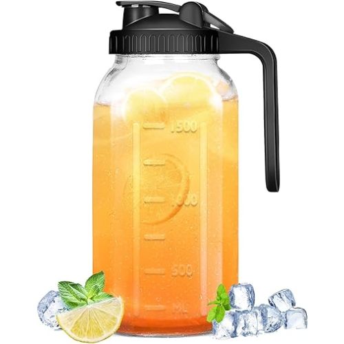 Glass Pitcher with Lid - 64OZ Wide Mouth Mason Jar Pitcher, 2 Quart Double Leak-proof Water Pitcher, Breastmilk Pitcher with Pour Spout Lids for Water, Juice, Milk, Tea, Iced Coffee, and Drinks