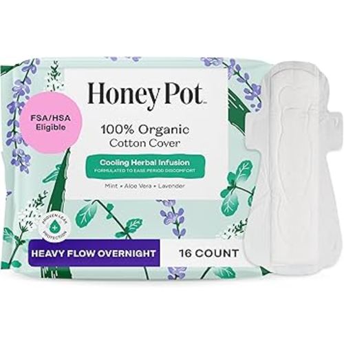 The Honey Pot Company - Herbal Sanitary Pads for Women - Heavy Flow Overnight w/Wings - Infused w/Essential Oils for Cooling Effect & Organic Cotton Cover - Feminine Care - 16 ct