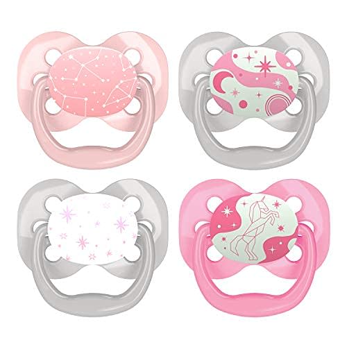 Dr. Brown's Advantage Glow-in-the-Dark Baby Pacifier, Fully Symmetrical Soother with Soft Silicone Bulb, 0-6m, BPA Free, Lavender Love and Coral Ocean, 4 Pack (Style May Vary)