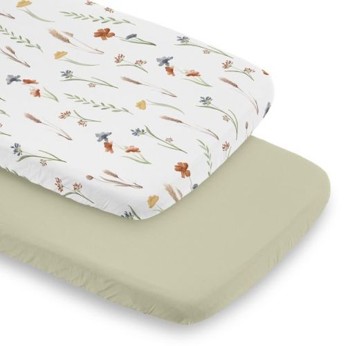 Sweet Jojo Designs Girl Baby Bassinet Fitted Sheets Set Watercolor Floral Garden Green Orange and Beige 2pc