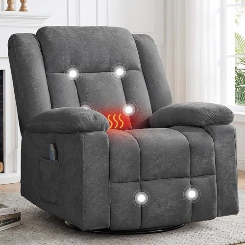 Korser Rocker Recliner Chair for Adults, 360° Swivel Rocker Recliner with Massage and Heating, Nursery Rocking Chairs with Side Pockets, Manual Reclining Chair for Living Room