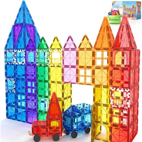 100PCS Magnetic Tiles STEM Building Toys Set with 2 Cars, Ages 3+