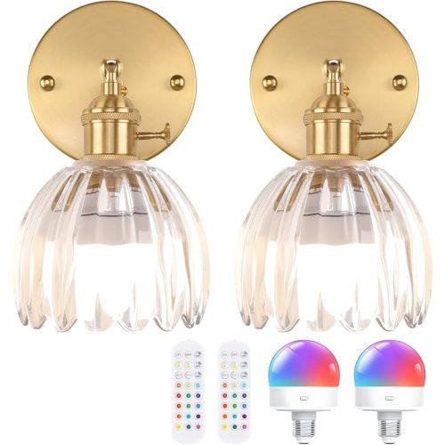 Shenmoyl Vintage Battery Operated Wall Sconce with Transparent Tulip Glass Lampshade Rechargeable Battery Powered Wall Light with Remote Control for Bedside Bedroom Doorway, Set of 2