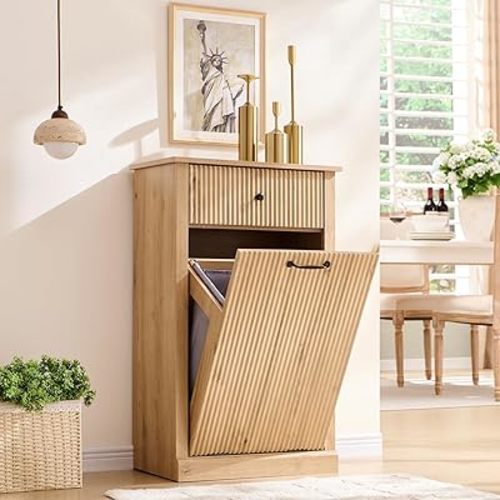 Modern Tilt-Out Trash Can Cabinet, 10 Gallon Fluted Laundry Hamper Cabinet with Drawers, Wooden Hidden Garbage Can Cabinets w/Storage Basket, Free Standing for Kitchen & Living Room,Natural Oak