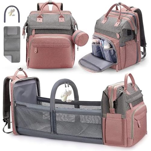 DERJUNSTAR Baby Diaper Bag Backpack with ChangingStation-Large Capacity Baby Bag for Boys & Girls, USBCharging Port, Pacifier Case, sunshade & Toy Bar,Waterproof, Baby Pink