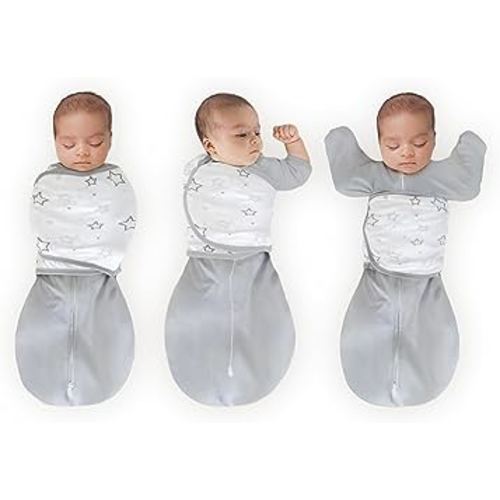 Amazing Baby Omni Transitional Swaddle, Swaddle Sleep Sack with Wrap & Arms Up Sleeves & Mitten Cuffs, Gray Stars, Small, 0-3 Months