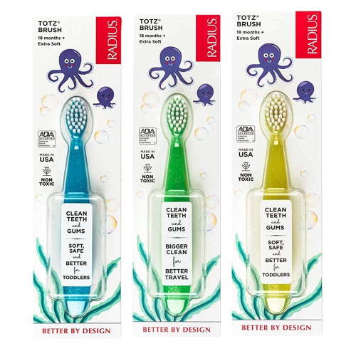 RADIUS Totz Toothbrush Extra Soft Brush BPA Free & ADA Accepted Designed for Delicate Teeth & Gums for Children 18 Months & Up - Green Blue Sparkle - Pack of 3