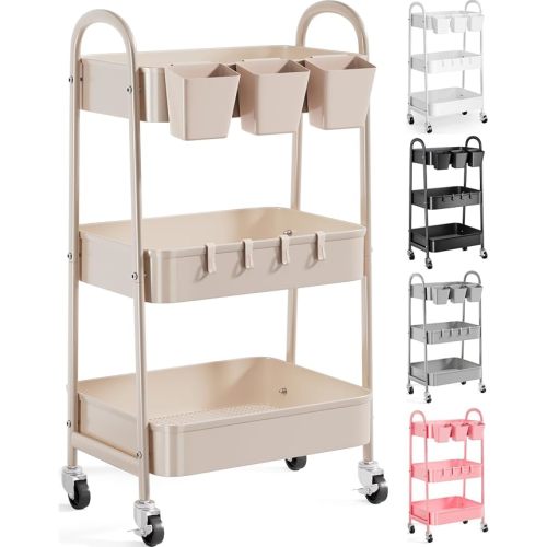 3 Tier Khaki Metal Utility Rolling Cart, Storage Carts with Lockable Wheels