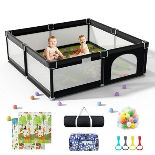Extra Large 79" x 71" Baby Playpen with Mat, Baby Gate Play Yard, Portable Toddler Playpen, Large Play Pen for Babies, Mat Included, Play Area for Babies and Toddlers (Black)