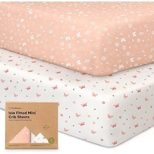 Pack and Play Sheets Fitted - 2-Pack Mini Crib Sheets for Pack N Play Mattress 38x26, Soft & Cozy, Neutral Toddler Playard Bedding, Snug Fitted Mini Baby Crib Mattress Cover Boy, Girl (Butterflies)