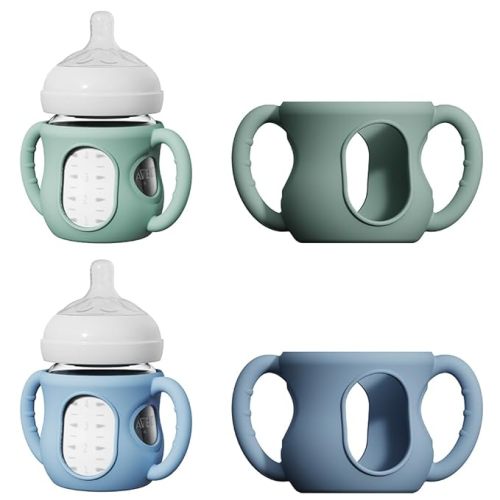 2 Pack Silicone Sleeves for Avent Natural Glass Baby Bottles, Anti Breakage Bottle Holder with Handle, Compatible Philips Avent Glass Natural Bottle 4 oz, Not for Infant Use