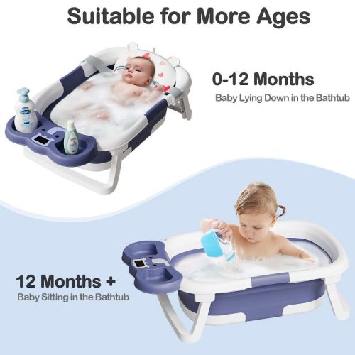 TUMAJUP Foldable Elephant Baby Bathtub for Infants and Toddlers with Soft Cushion and Thermometer
