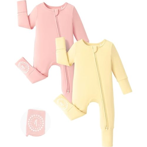 PATPAT Baby Footies Boys Girls - Bamboo Viscose - Zipper & Non-Slip Soles Romper Mitten - Footed & Footless Infant Clothes