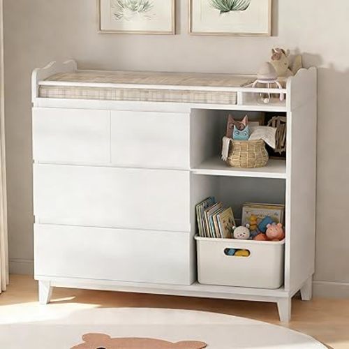 Baby Changing Table Top, Multi-Functional Nursery Changing Table, 4 Drawers with 2 Open Shelves, Bedroom, White
