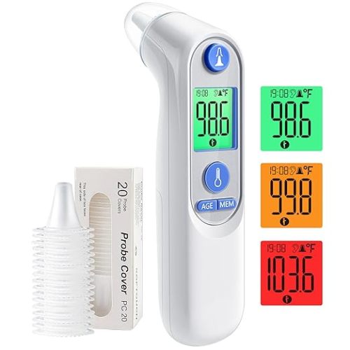 Ear Thermometer, Digital Ear Thermometer for Kids and Adults, High Accuracy Baby Thermometer with 1s Result, 3-Color Dispaly, 30 Memory Recall, with 21 Disposable Probe Covers