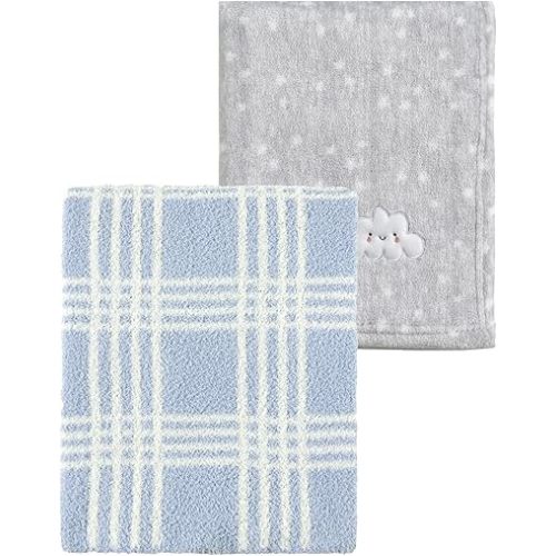 CREVENT 2Pcs 30''X40'' Cute Cozy Fluffy Warm Baby Blankets for Infants Toddlers' Bedding Crib Cot Stroller - Grey Cloud + Knit Line Blue