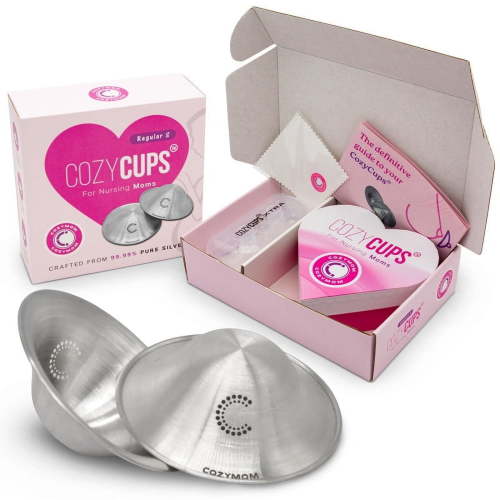 COZYMOM™ Pure Silver Nursing Cups 45mm with Silicone Nipple Corrector – Soothe & Heal Sore Nipples – Breastfeeding Nipple Shield for Moms – Hypoallergenic, Reusable, Gift for Mom-to-Be