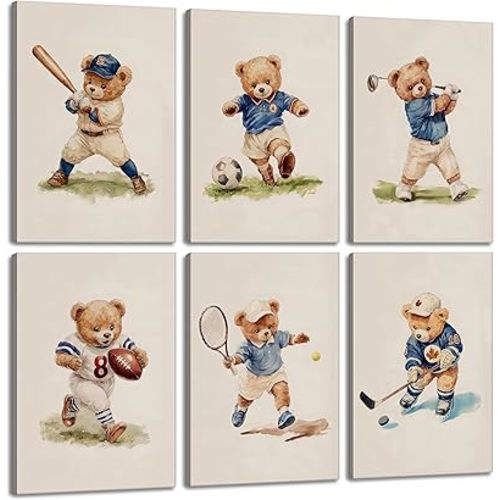 6Pcs Nursery Teddy Bear Canvas Wall Art Bear Sports Paintings Vintage Boy Room Wall Decor Cute Kids Animal Posters Prints Kindergarten football Pictures for Children Bedroom Playroom Framed