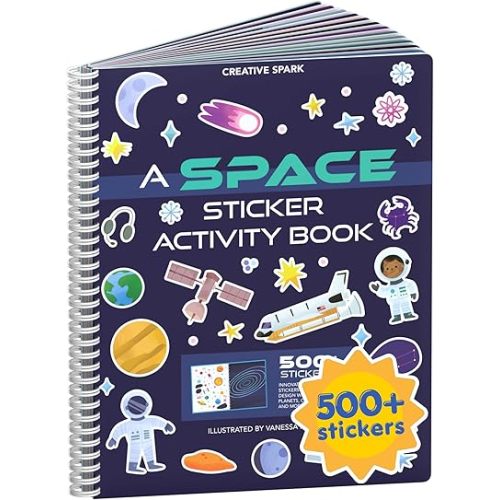 CUPKIN Outer Space Sticker Book for Kids 2-4, 500+ Kids Stickers 12 Coloring Pages, 12 Side by Side Scenes, Fun Toddler Travel Activity Coloring and Sticker Books for Ages 4-8 + 8-10