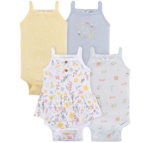 Gerber Baby Girls' 4-Pack Sleeveless Onesies Bodysuits, White Floral, 0-3M