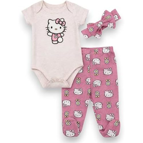Hello Kitty Baby Girls 3-Piece Footie Set, Short Sleeve Onesie Bodysuit, Footed Pants - Pink Heather 6M