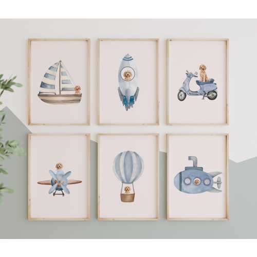 Labradoodle Transport Nursery Print Set, Groodle Kids Room Art (Digital Download)