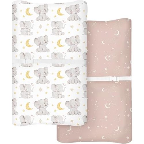 Changing Pad Cover for Baby Boys Girls 2 Pack, Fits Standard 32”×16” Changing Table Pads, Silky Breathable Stretch Knit, Machine Washable (Elephant Dream)