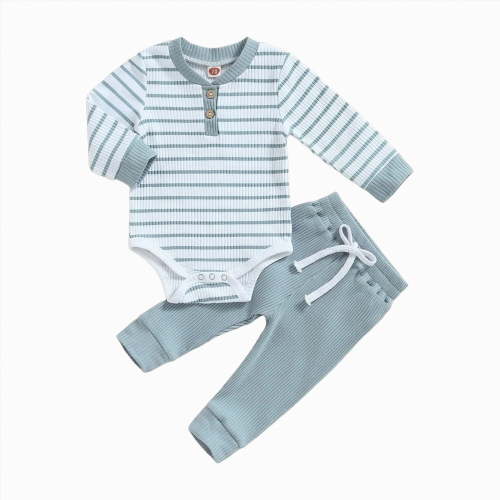 TAmten 9 Month Baby Boy Clothes Fall Winter Toddler Baby Boy Outfit Stripe Waffle Knit Long Sleeve Sweatshirt Pullover Tops and Pants Set(Blue,6-12 Months)