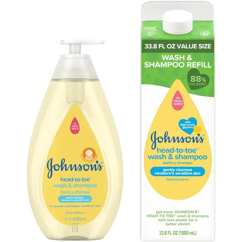 Johnson's Baby Head to Toe Bath Starter Kit, Hypoallergenic Wash & Shampoo for Sensitive Skin & Hair, 27.1 fl. Oz Bottle and 33.8 fl. Oz Value Size Refill Pack