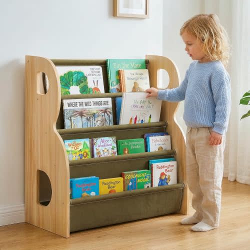XiaZ Bookshelf for Kids Room Wooden Montessori Toddler Bookshelf Solid Pine B-Frame Child Book Shelf with Handle, Portable Double-Sided Kids Nursery Book Organizer Bookcase Easy Install for Kids Room