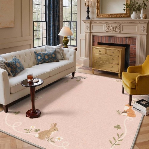 Saren Washable Modern Woodland Animal Pink Rug