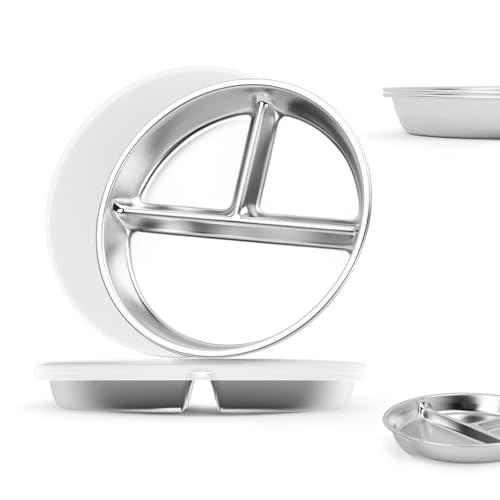 Bakpoco Stainless Steel Kids Plates with Lid 2 Packs, Deepened 9" Portion Control Plate Divided Plate for Adults Bariatric Weight Loss & Diabetic Diet, Non Toxic Unbreakable Toddlers Lunch Dishes