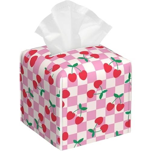 Cherry Tissue Box Cover,Pink Checkered PU Leather Tissue Box Holder Square,Modern Home Decoration for Bathroom Living Room Kitchen Office Car,5.2"×5.2"×5.2"