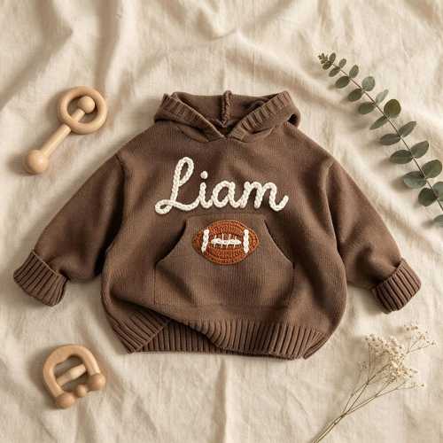 Custom Baby Football Outfit, Embroidered Name Football Sweater, Personalized Toddler Football Hoodie, 1st Birthday Football Gift, Game Day