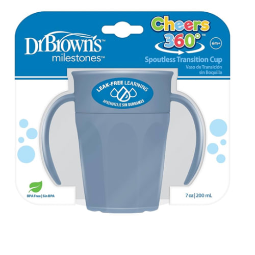 Dr. Brown's Milestones Cheers 360 Spoutless Transition Cup with Handles, Travel Friendly and Leak Free Sippy for Babies and Toddlers, Blue, BPA-Free, 7 oz/200 mL, 6m+