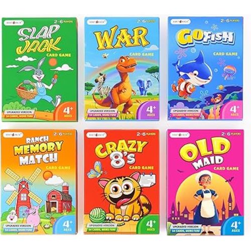 Upgraded Kids Card Games Pack, 6 Decks, Go Fish, Old Maid, Crazy Eights, Memory Match, Slap Jack, War, Playing Cards, Easter Basket Stuffers, Stocking Stuffers