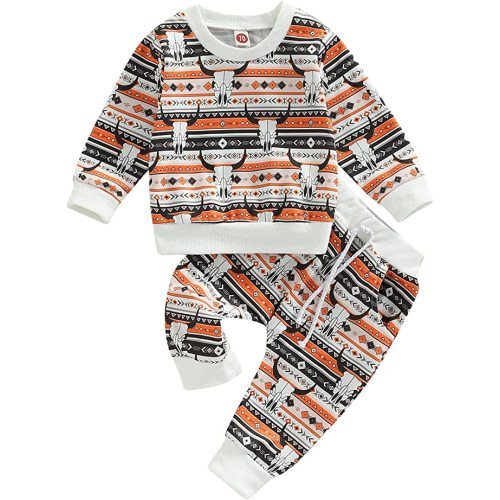 Amiblvowa Western Baby Boy Clothes Newborn Toddler Cow Print Sweatshirt Crewneck Pullover Top Pants Set 2Pcs Spring Outfit - Brown - 0-6 Months