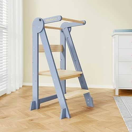 WeeGuruu Toddler Step Stool, Wooden Fold-able Standing Tower Kitchen Helper for Countertop, Bathroom, Montessori Kids Stool with Height Adjustable Platform for Ages 18 Mons to 6 Years Learning Skills