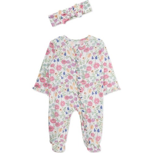 Little Me Meadow Floral Stretch Viscose Zip Footie & Headband | Nordstromrack