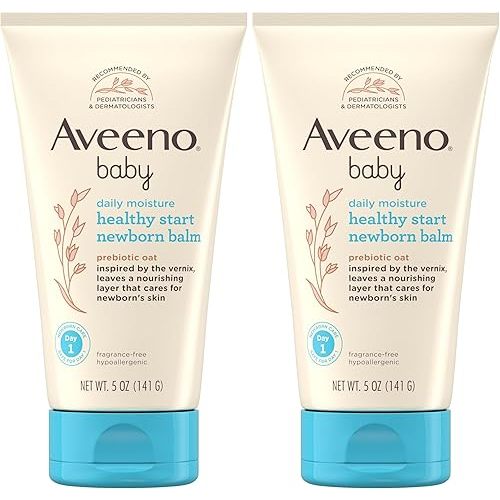 Aveeno Baby Healthy Start Nourishing Newborn Balm, Hypoallergenic Baby Skin Balm with Prebiotic Oat Leaves a Nourishing Layer to Care for Newborn Skin, Fragrance-Free, 5 oz (Pack of 2)