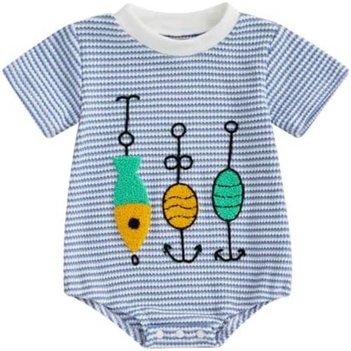 Muasaaluxi Newborn Baby Boy Summer Clothes Short Sleeve Fishing Embroidery Romper Stripe Bodysuit One Piece Jumpsuit