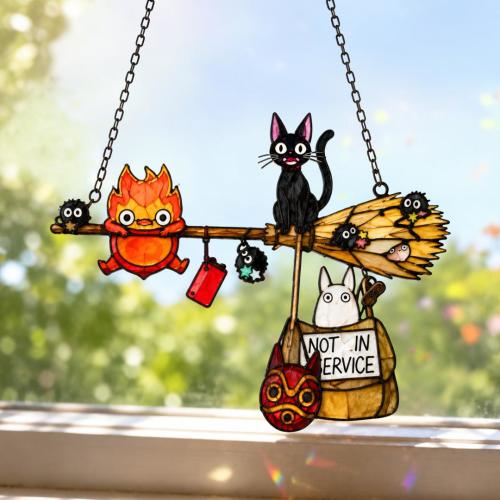 Ho/wl's M/oving Cas//tle Acrylic Suncatcher, Calcifer Jiji Totoro Witch Window Hanging, Studio Ghibli Anime Fan Gift