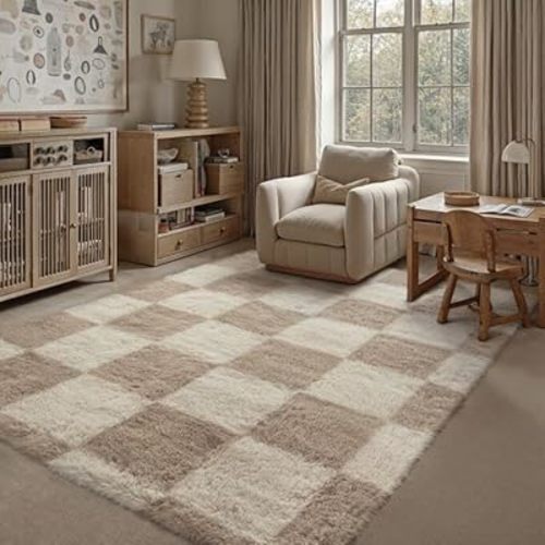 PureCozy Checkered Rug 5x7 for Living Room, Modern Neutral Shag Rug Shag Rug Super Soft Washable Indoor Fuzzy Carpet Non-Slip Fluffy Rugs for Bedroom Home Aesthetic Decor