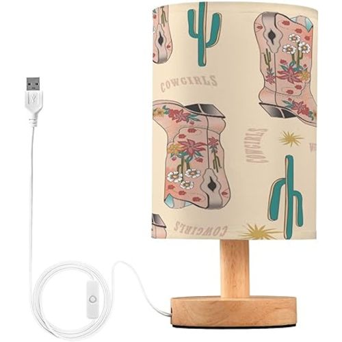 VIGTRO Table Lamp with USB Vintage Cow Girls Boot Bedroom Nightstand Lamps, Western Boho Wood Base LED Desk Light for Living Room, Office