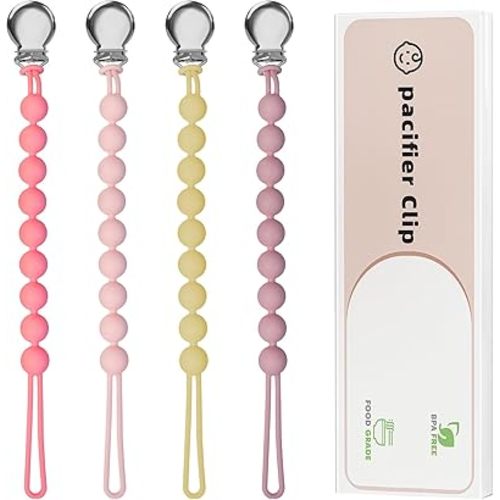 Pacifier Clips for Baby Girls Boys - Loviomad Silicone Paci Clip for Philips Avent Soothie Binky Holder, Baby Newborn Essentials Shower Birthday Gift (4-Pack)